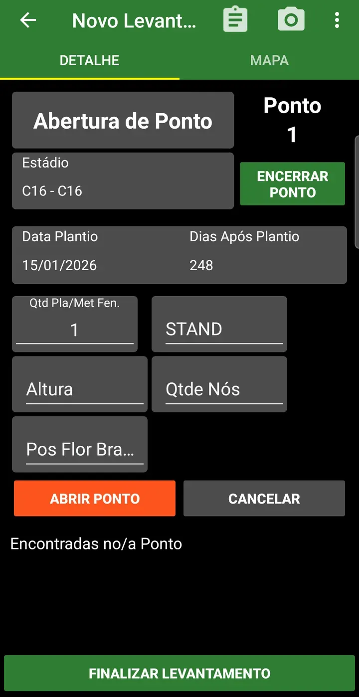 Aplicación de upCampo abriendo un punto de relevamiento en algodón, con stand, altura, cantidad de nudos y posición de la flor blanca