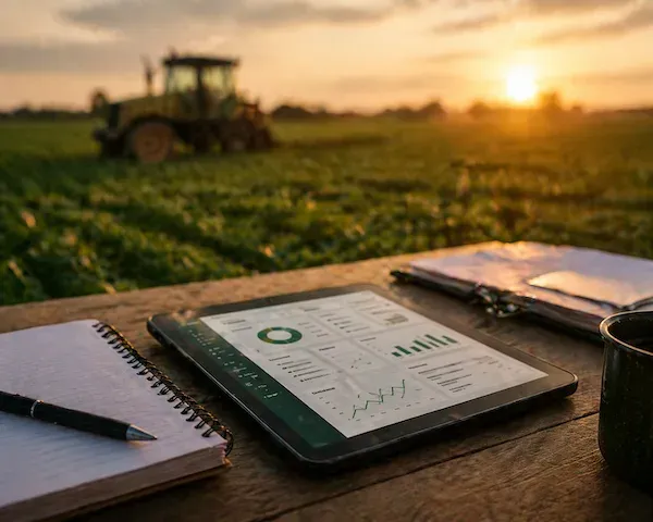 Tableta con gráficos sobre una mesa de madera, en el campo con un tractor al fondo