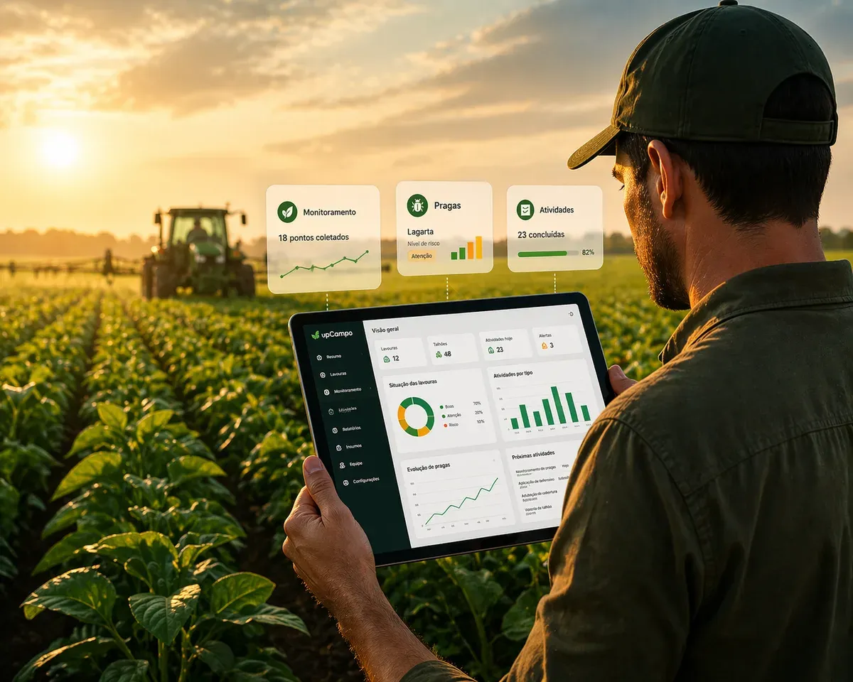 Hombre en el campo al atardecer usando una tableta para seguir datos del cultivo, con un tractor al fondo