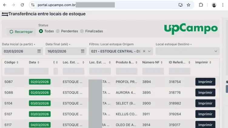 Pantalla de transferencia de stock de upCampo, con filtros por fecha y ubicación