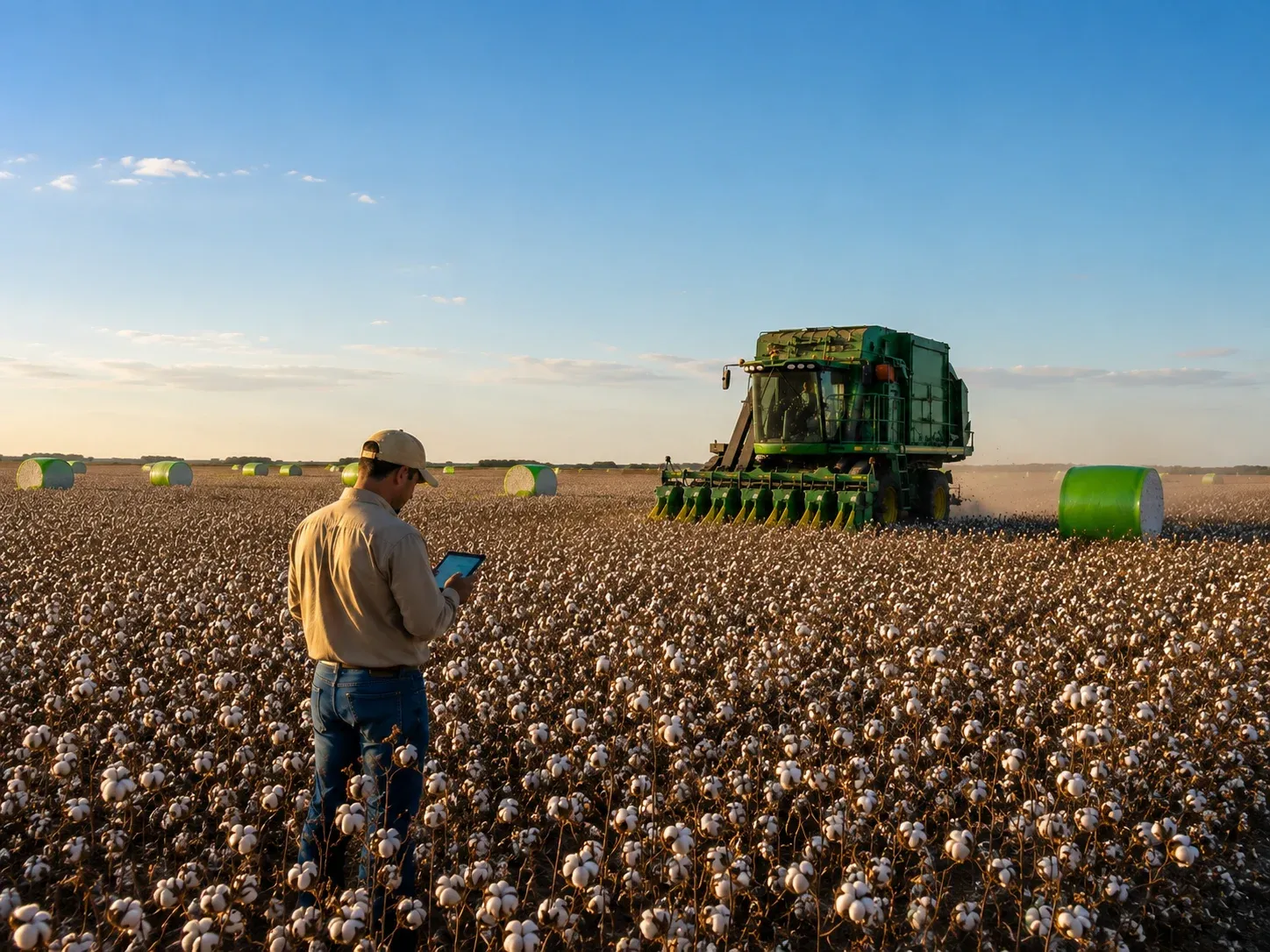 Colhedora de algodão John Deere colhendo e deixando os fardões no talhão, com o técnico conferindo no tablet
