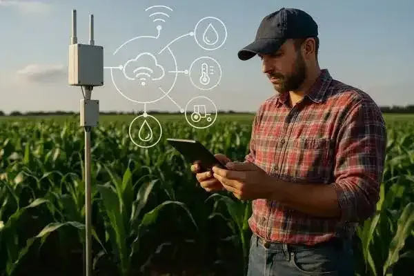 Productor en el cultivo con un celular en la mano, junto a una estación meteorológica