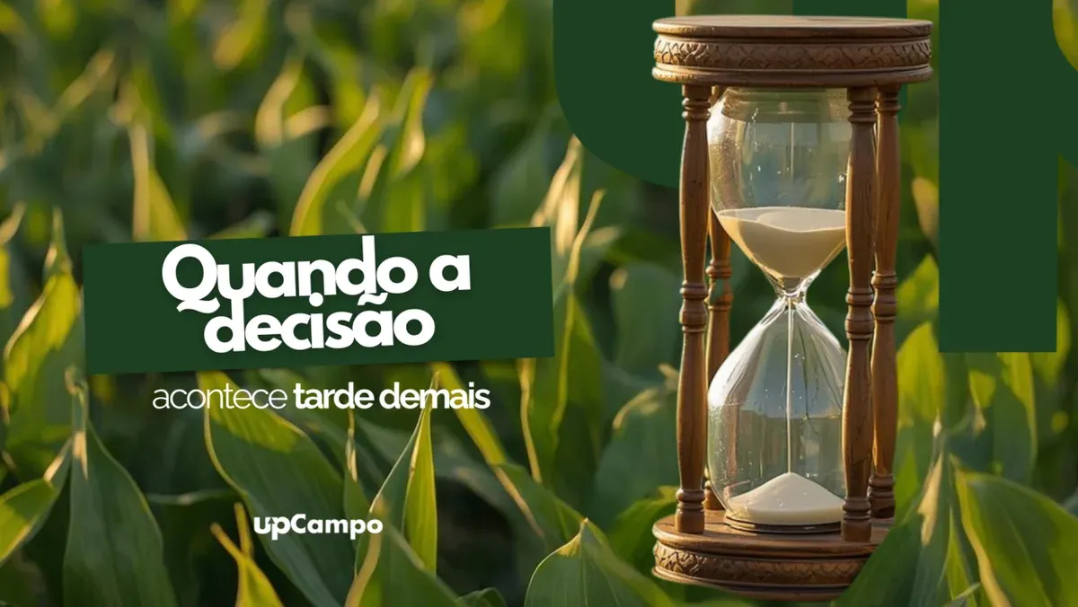 Reloj de arena en un campo verde con el texto "Cuando la decisión llega demasiado tarde"