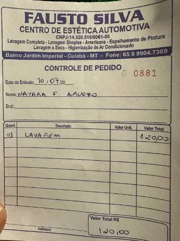 Recibo de lavagem enviado para a UPí pelo WhatsApp