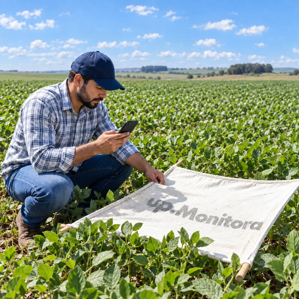 Técnico registrando en el celular el relevamiento de plagas en el cultivo